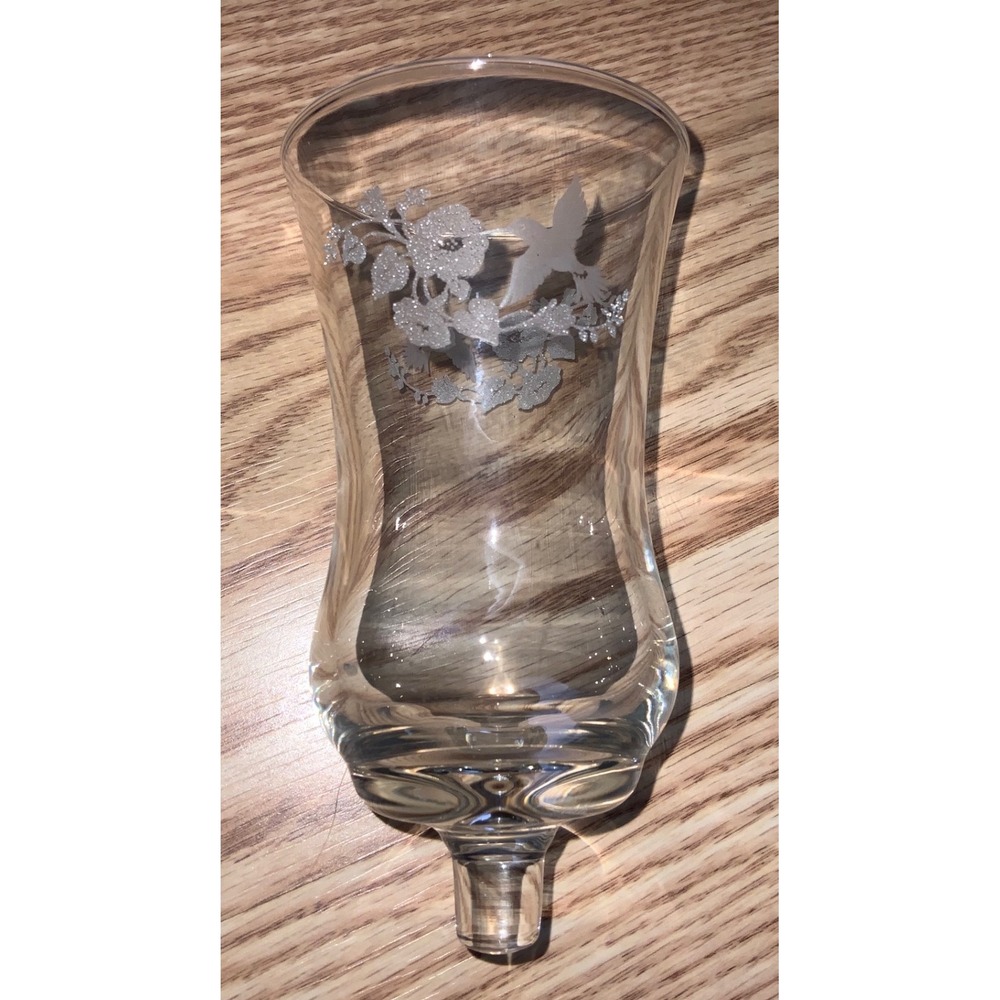 Vintage Clear Glass Hummingbird Etched Hurricane Candle Chimney Peg Base 6 Inch